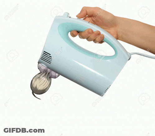 Hand Holding Blue Mixer With Girl Sticking Out GIF
