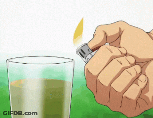 Hand Holding Lighter Next To Glass Of Liquid GIF
