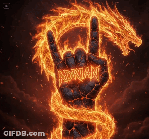 Hand With Adrian Written On It Surrounded By Flames GIF