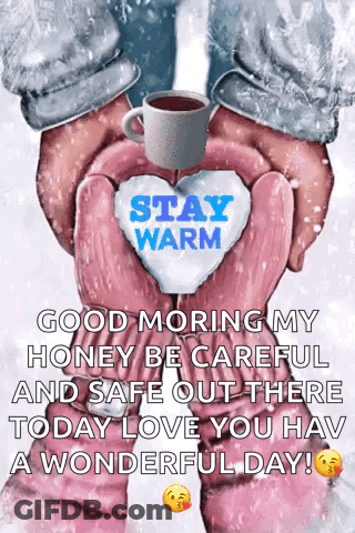 Hands Holding Heart And Coffee Saying Stay Warm GIF