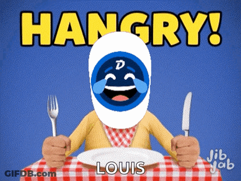 Hangry Man At Table With Plate, Knife, Fork GIF