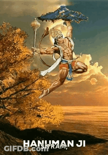 Hanuman Flying Holding Umbrella And Bow And Arrow GIF