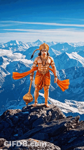 Hanuman Statue Standing On Mountain GIF