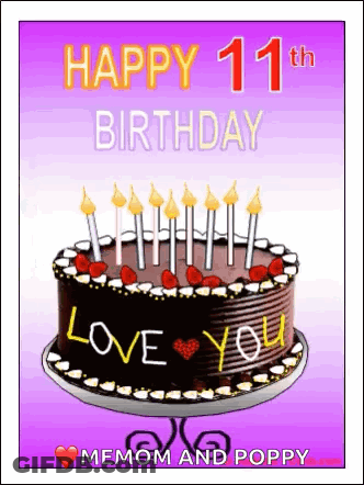 Happy 11Th Birthday Card With Chocolate Cake GIF