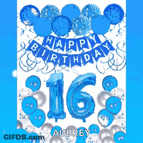 Happy 16Th Birthday Banner With Blue Balloons GIF