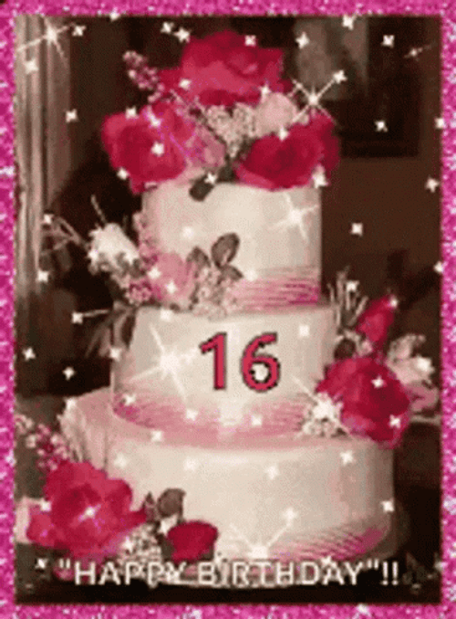 Happy 16Th Birthday Tower Cake Sparkling Flowers GIF