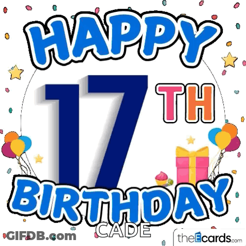 Happy 17Th Birthday Card With Balloons And Confetti GIF