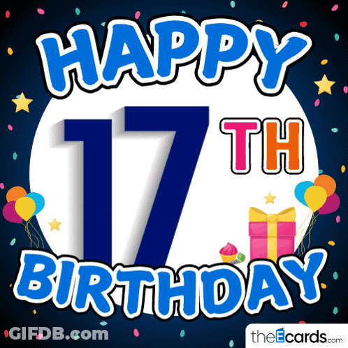 Happy 17Th Birthday Card With Balloons And Confetti GIF