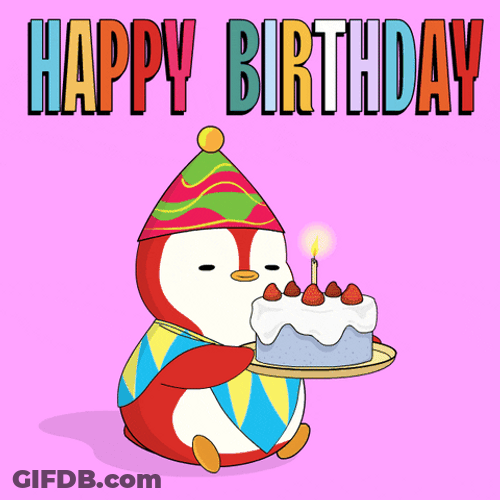 Happy 1St Birthday Pudgy Penguin Holding Cake GIF