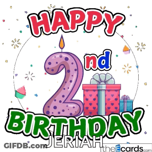 Happy 2Nd Birthday Card With Candle And Presents GIF
