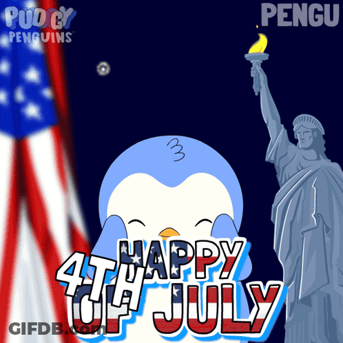 Happy 4Th Of July Penguin And Statue Of Liberty GIF