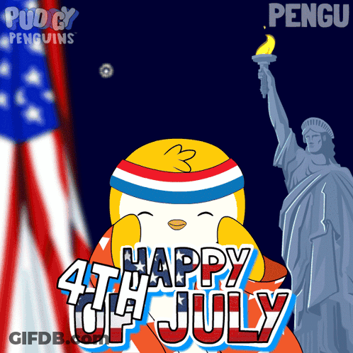 Happy 4Th Of July Penguin And Statue Of Liberty GIF