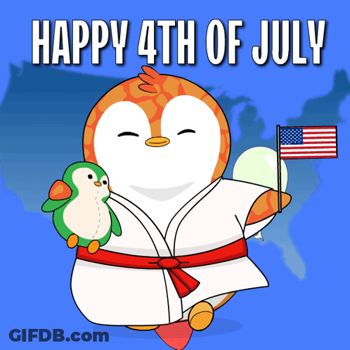 Happy 4Th Of July Penguin Holding Stuffed Animal And American Flag GIF