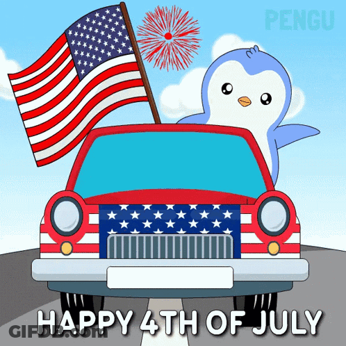 Happy 4Th Of July Penguin In Car With American Flag GIF
