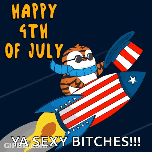 Happy 4Th Of July Tiger Flying On Rocket GIF