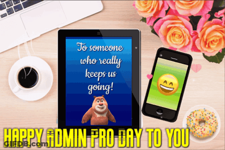 Happy Admin Day Table With Gadgets And Coffee GIF