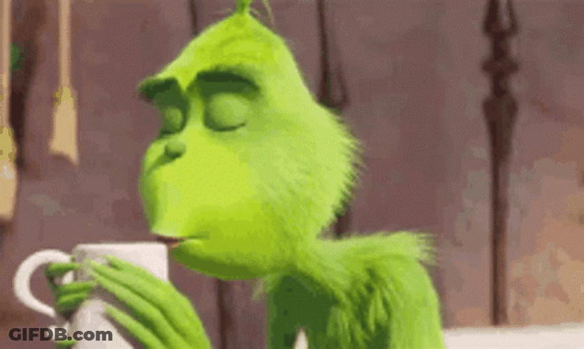 Happy And Sad Grinch While Drinking Animated Coffee GIF