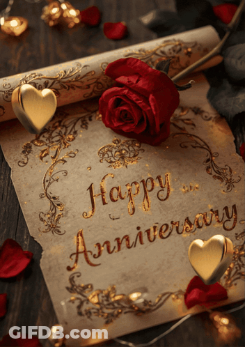 Happy Anniversary Card With Gold Hearts And Rose GIF