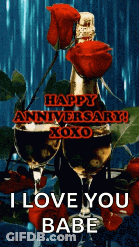 Happy Anniversary Greeting Card With Champagne And Wine Glasses GIF