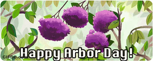 Happy Arbor Day Sign With Purple Flowers GIF