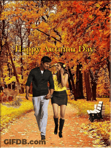 Happy Autumn Day Card Man And Woman Walking In Woods GIF