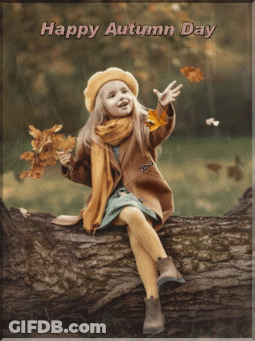 Happy Autumn Day Girl Sitting On Log GIF