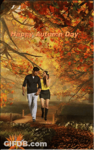 Happy Autumn Day Greeting Card Man And Woman Walking GIF