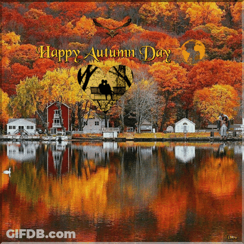 Happy Autumn Day Greeting Card With Lake GIF