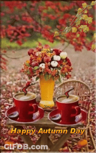 Happy Autumn Day Greeting With Two Cups Of Coffee GIF