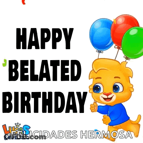 Happy Belated Birthday Cartoon Dog Holding Balloons GIF