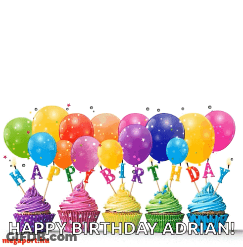 Happy Birthday Adrian Cupcakes And Balloons Card GIF