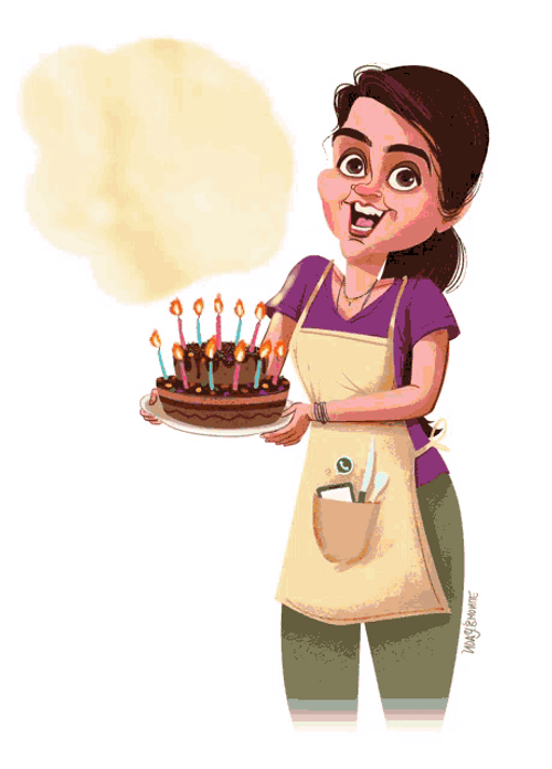 Happy Birthday Animated Woman With Cake Blinking Eyes GIF