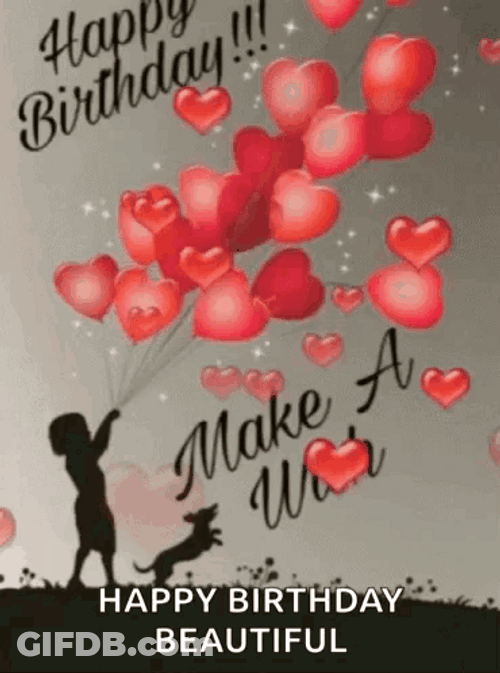 Happy Birthday Beautiful Red Hearts Flying GIF