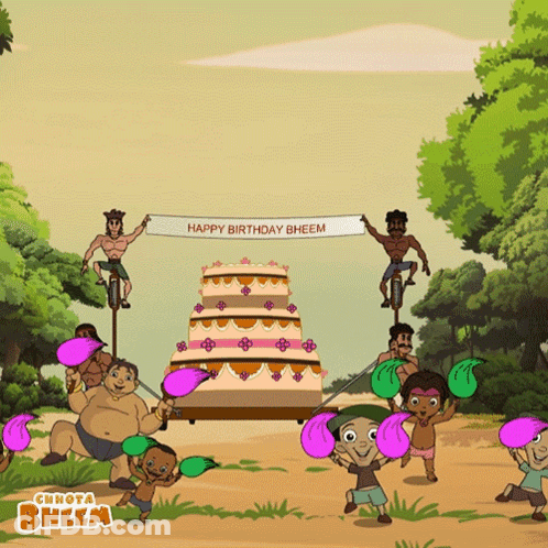 Happy Birthday Bheem Banner Held By Characters GIF