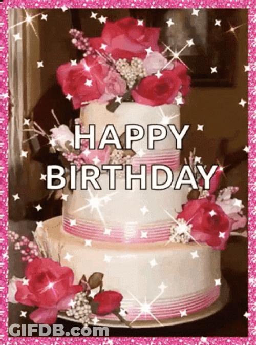 Happy Birthday Cake Pink Roses GIF
