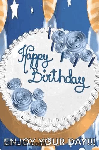 Happy Birthday Cake With Blue Frosting And Candles GIF