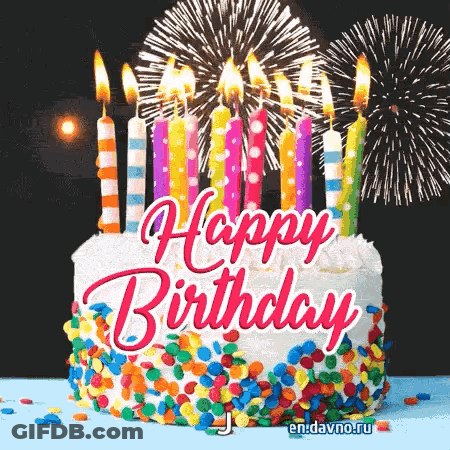 Happy Birthday Cake With Candles And Fireworks GIF