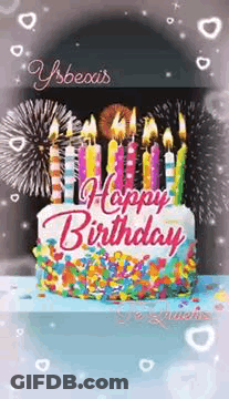 Happy Birthday Cake With Candles And Fireworks GIF