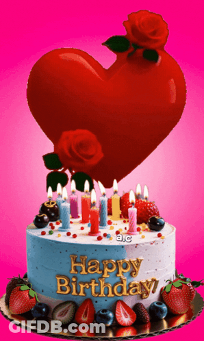 Happy Birthday Cake With Candles And Strawberries GIF