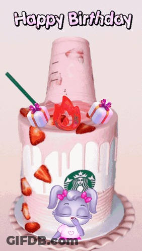 Happy Birthday Cake With Starbucks Logo And Strawberries GIF
