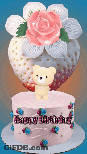 Happy Birthday Cake With Teddy Bear And Flowers GIF