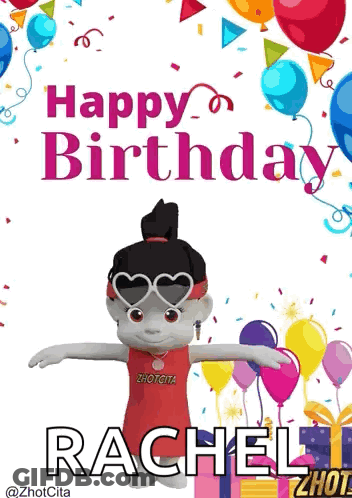 Happy Birthday Card Doll Balloons Rachel GIF