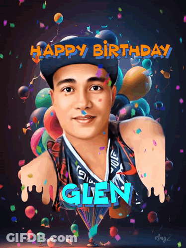 Happy Birthday Card For Glen With Balloons And Confetti GIF