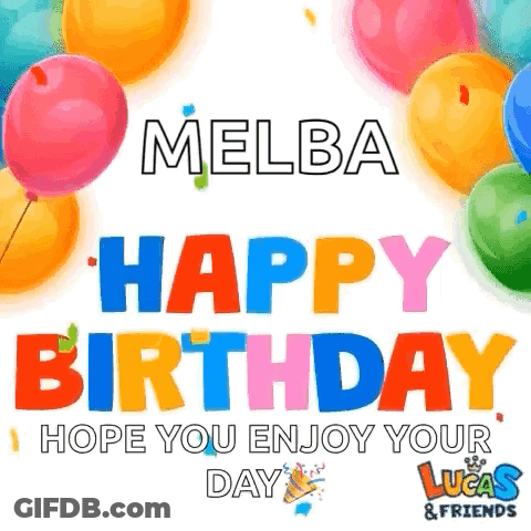 Happy Birthday Card For Melba With Balloons And Cone GIF