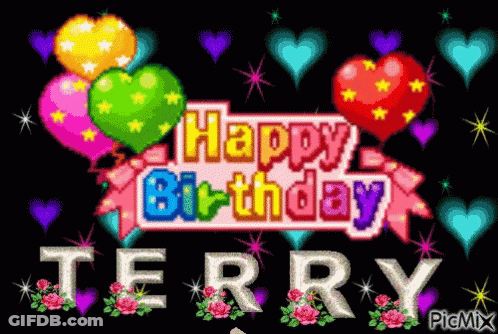 Happy Birthday Card For Terry With Balloons And Flowers GIF