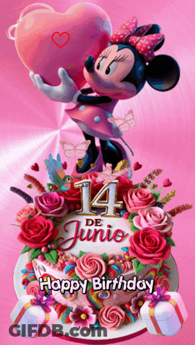 Happy Birthday Card Minnie Mouse Holding Heart On Cake GIF