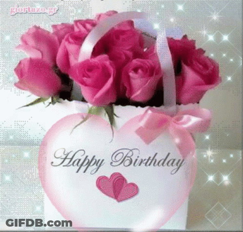 Happy Birthday Card Pink Roses Heart Shaped Box GIF