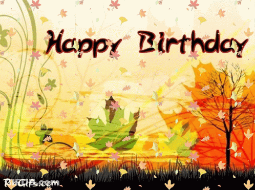 Happy Birthday Card With Autumn Leaves GIF