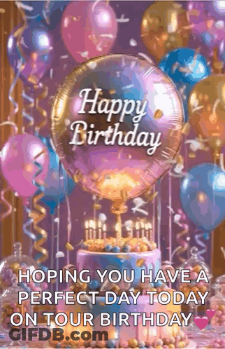 Happy Birthday Card With Balloons And Cake GIF