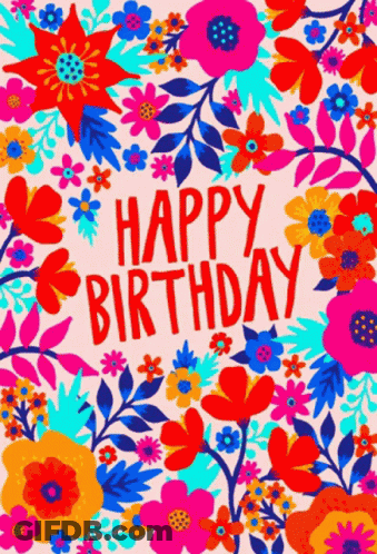 Happy Birthday Card With Balloons And Flowers GIF